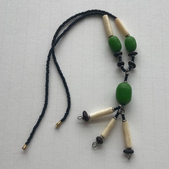 Long Dangle Necklace Black, White & Green Beads - Picture 2 of 5